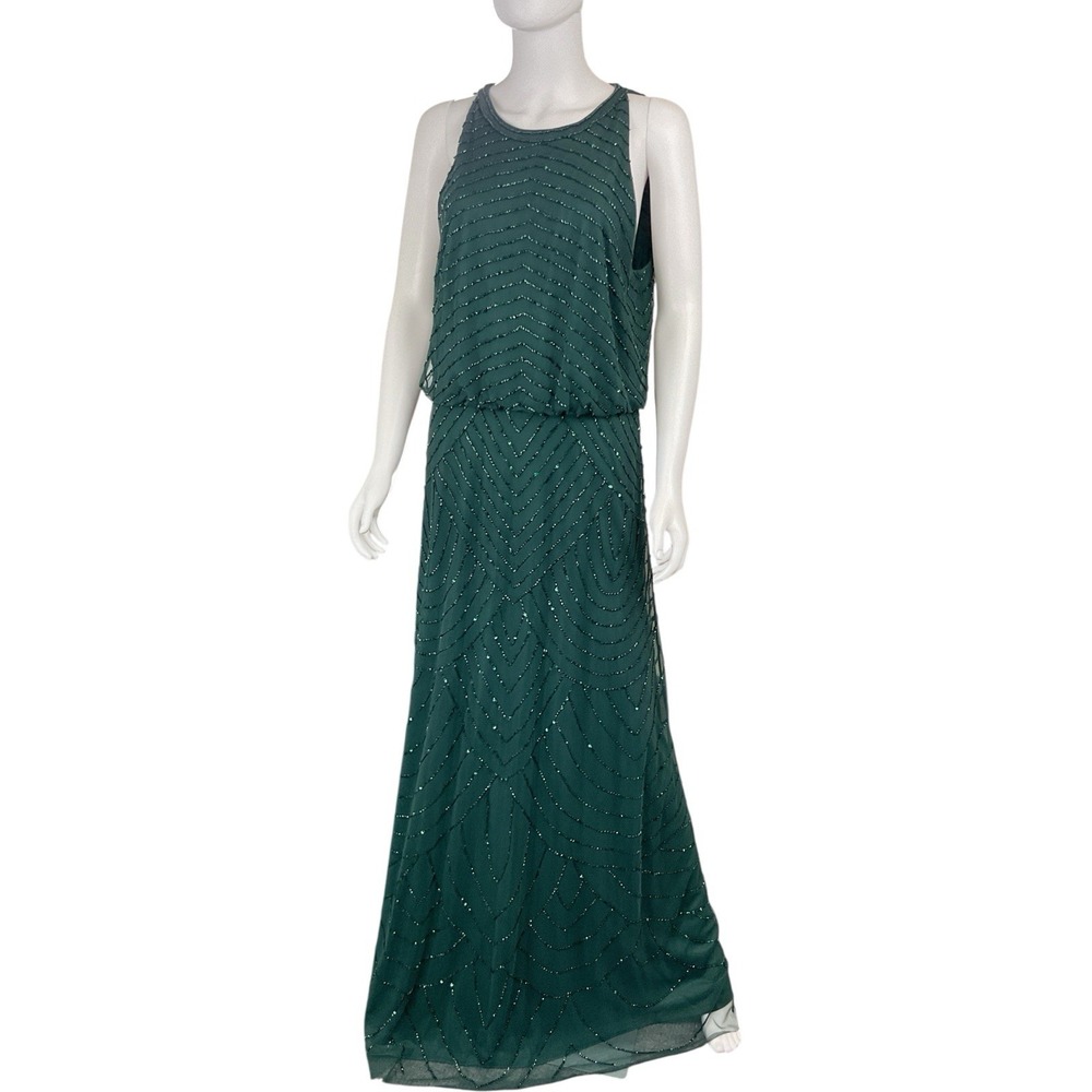 Adrianna Papell Beaded Halter Gown‎ Dusty Emerald Sz 16 (Retail $199)